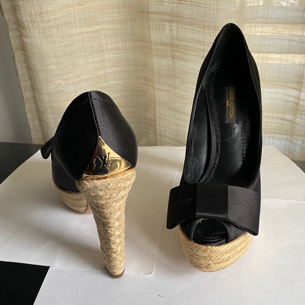 Louis Vuitton satin black espadrille clogs heels pumps platforms 36 Rivoli bow - Picture 3 of 12